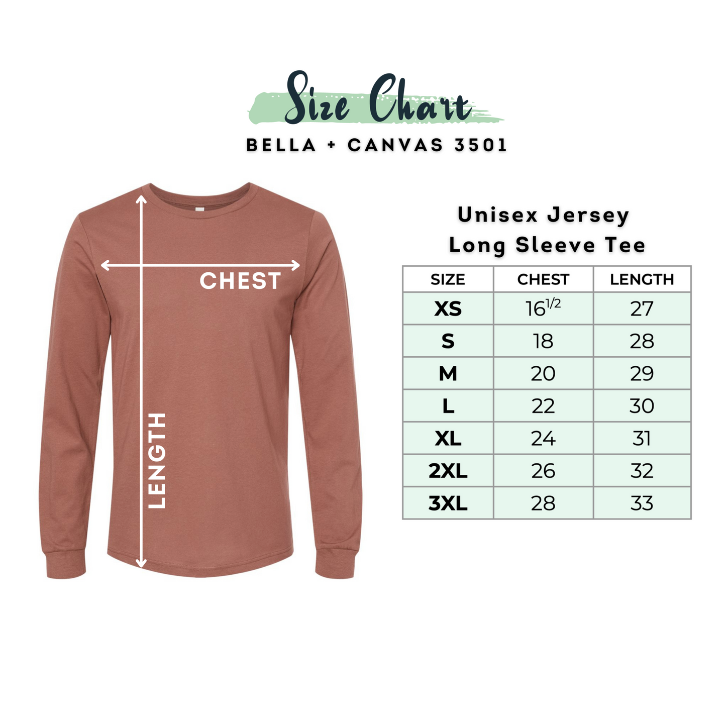 Bella & Canvas 3501 size chart