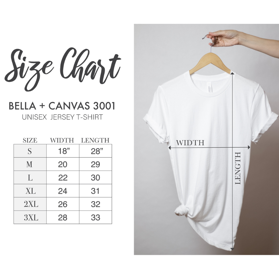 Size chart for Bella + Canvas 3001 t-shirts