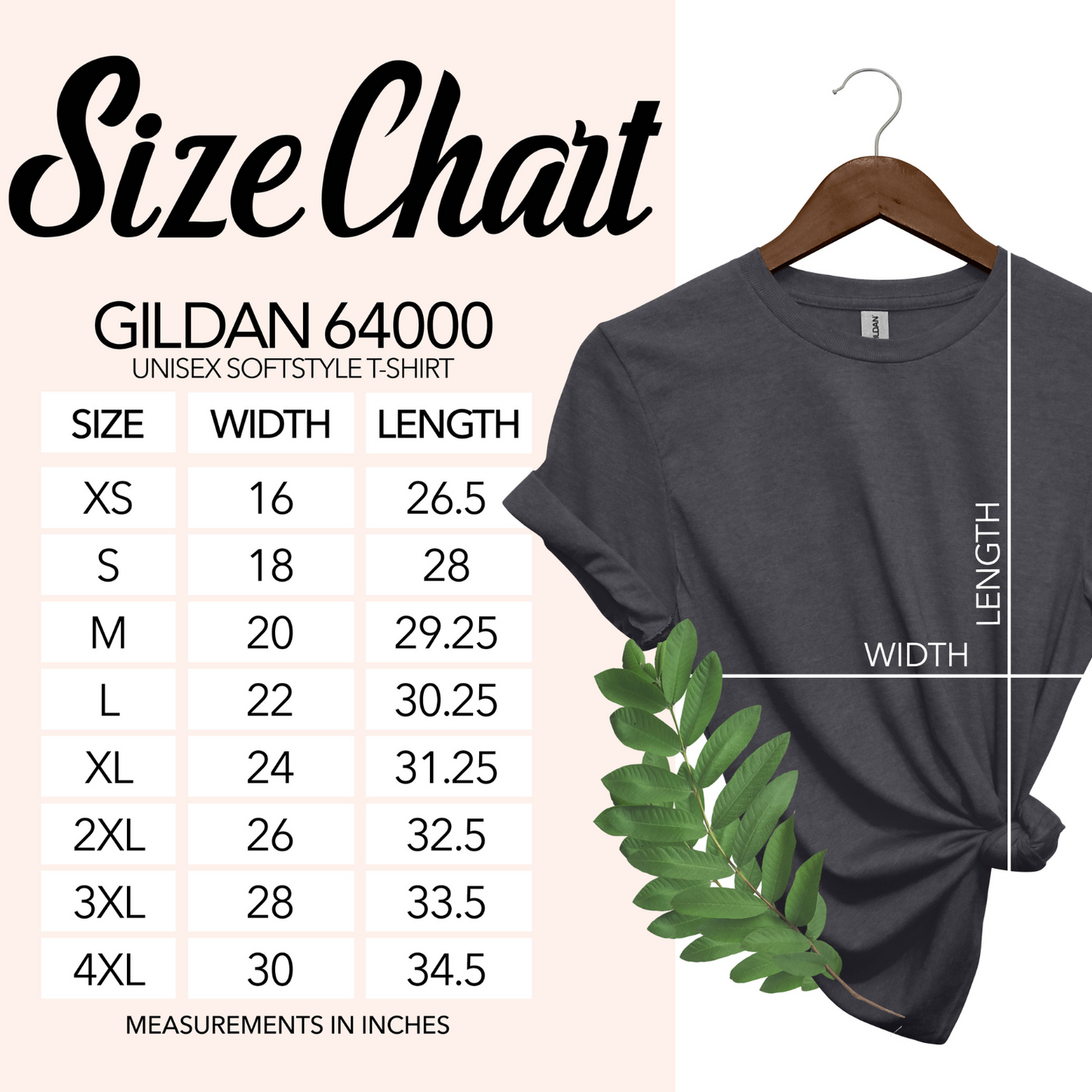 size chart for gildan softstyle t-shirts