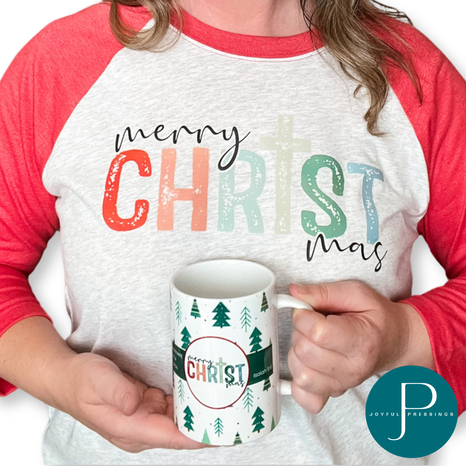 model holding Merry CHRISTmas mug