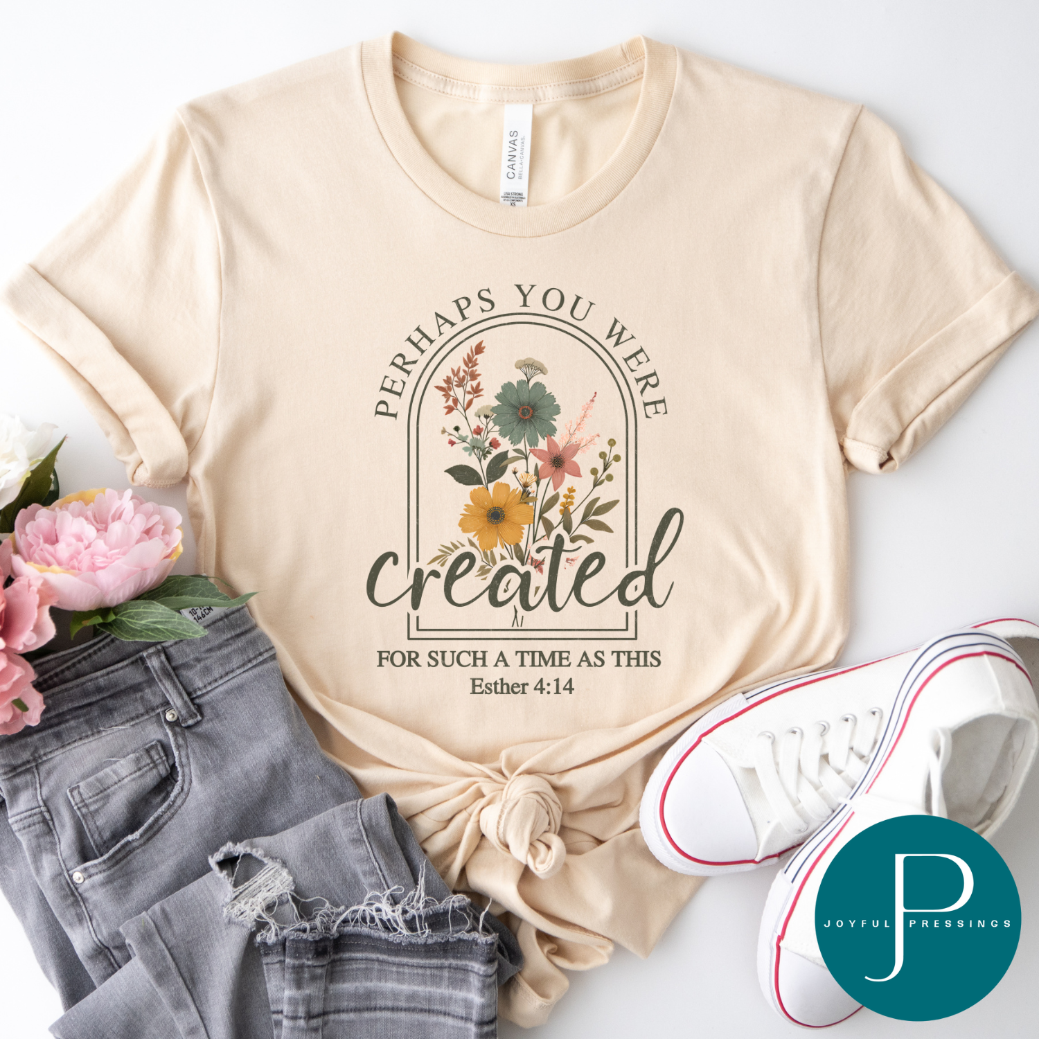 flatlay of perhaps you were created for such a time as this cream colored t-shirt