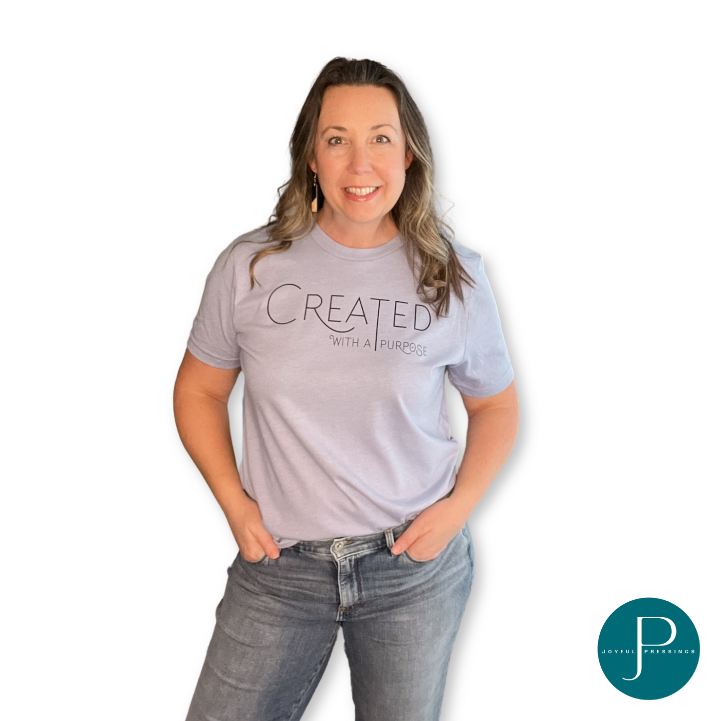 Model wearing the Created with a Purpose graphic on a heather blue tee.