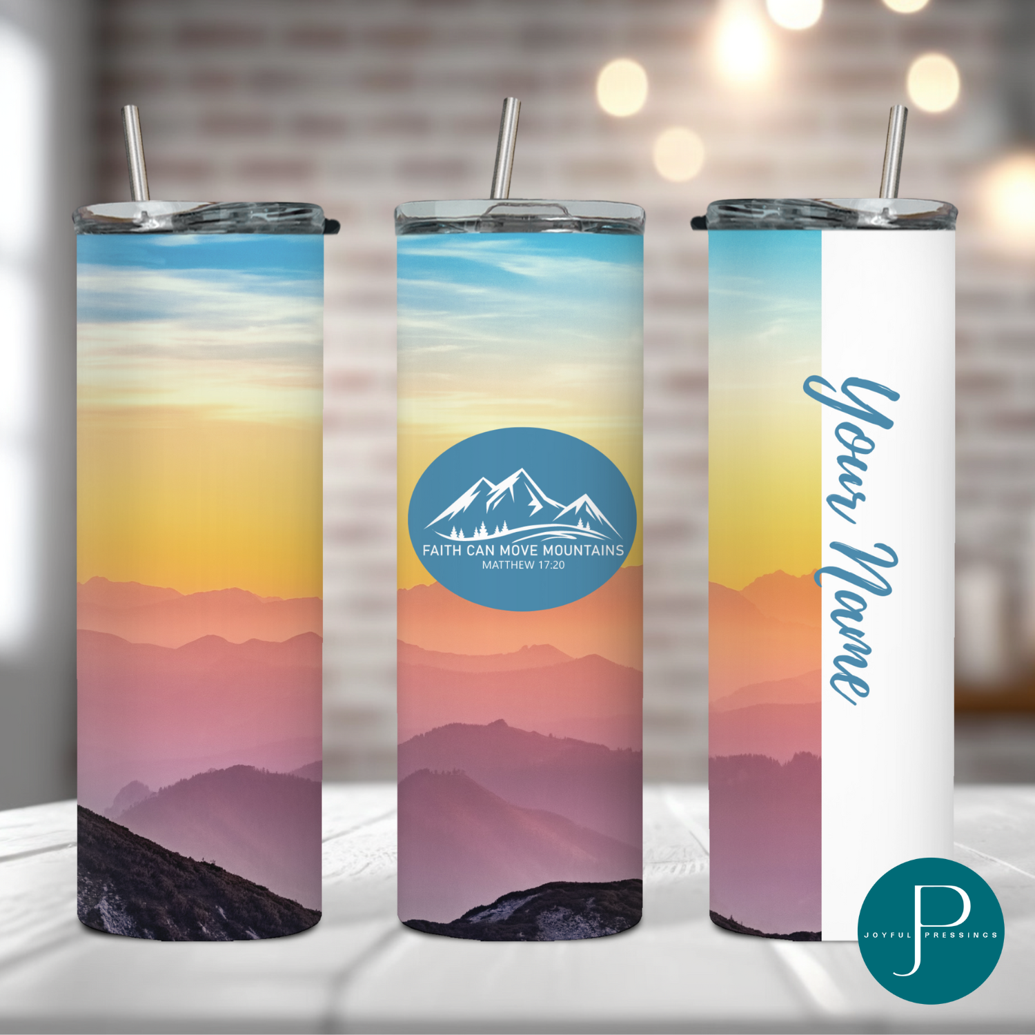 Mockup of Faith Can Move Mountains tumbler with a sunset in the background.