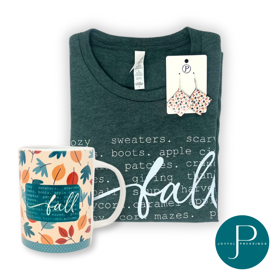 fall bundle: shirt, earrings, mug