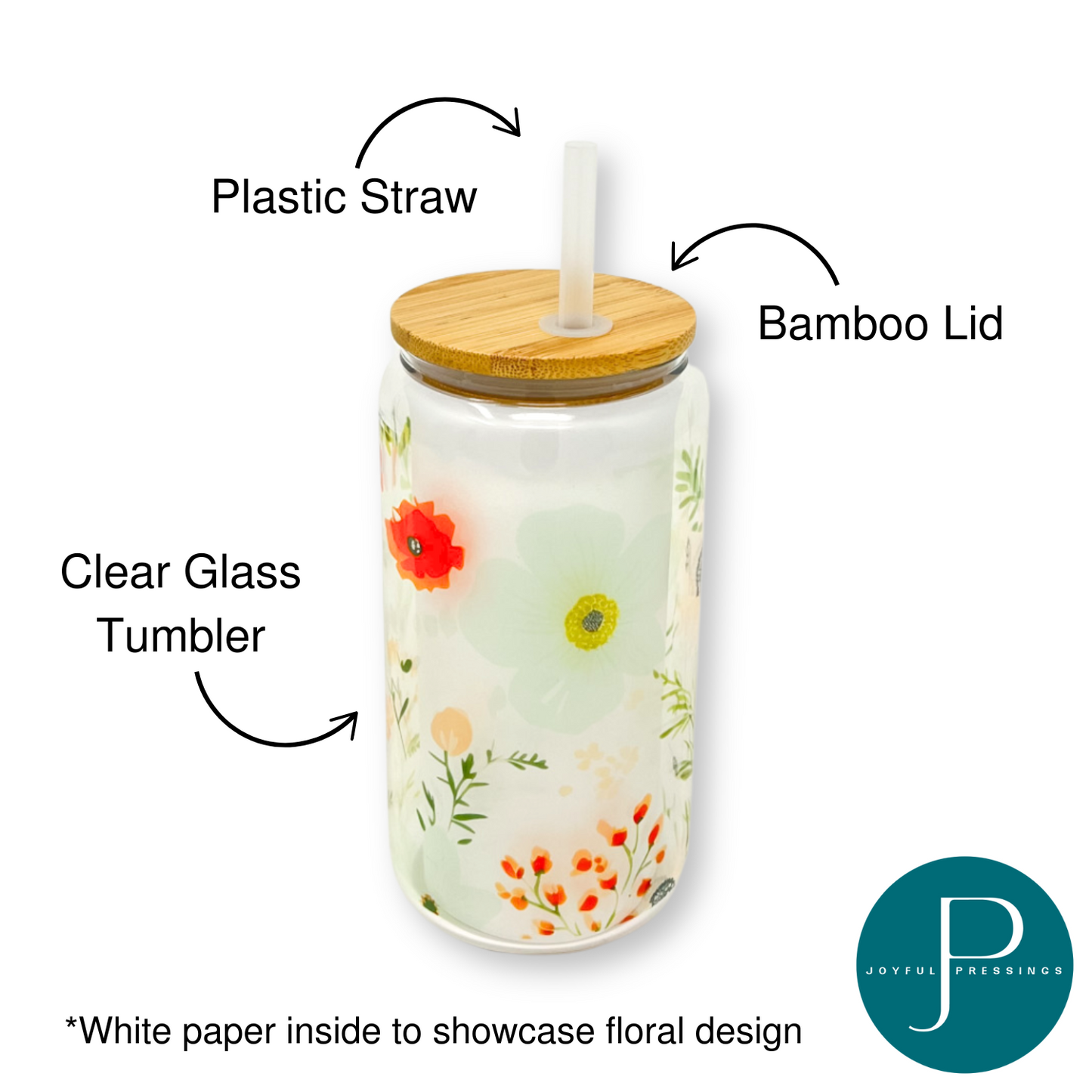 Product photo of spring floral glass  tumbler with labels for plastic straw, bamboo lid, and clear glass tumbler.