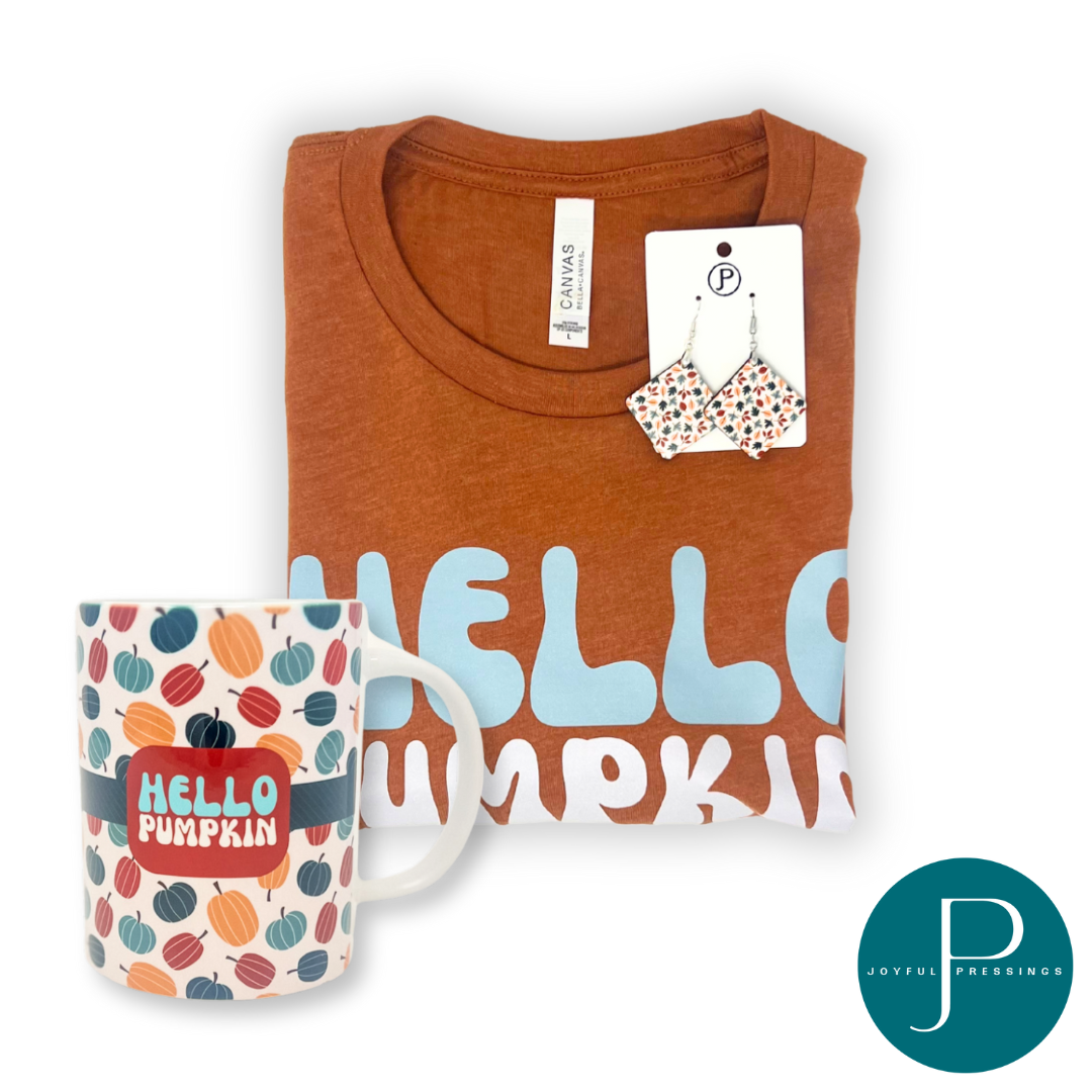 Picture of Hello Pumpkin bundle includes: matching t-shirt, earrings, and mug.