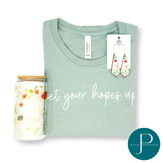 Get Your Hopes Up product photo.  Includes Get Your Hopes Up t-shirt, matching earrings, and glass tumbler.