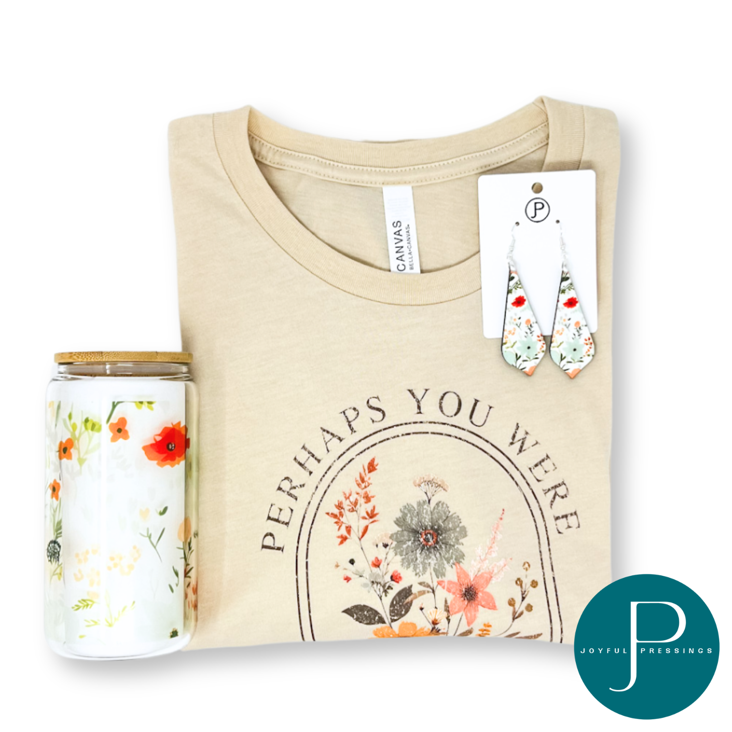 Created Bundle includes Created T-shirt, matching floral earrings and glass floral tumbler