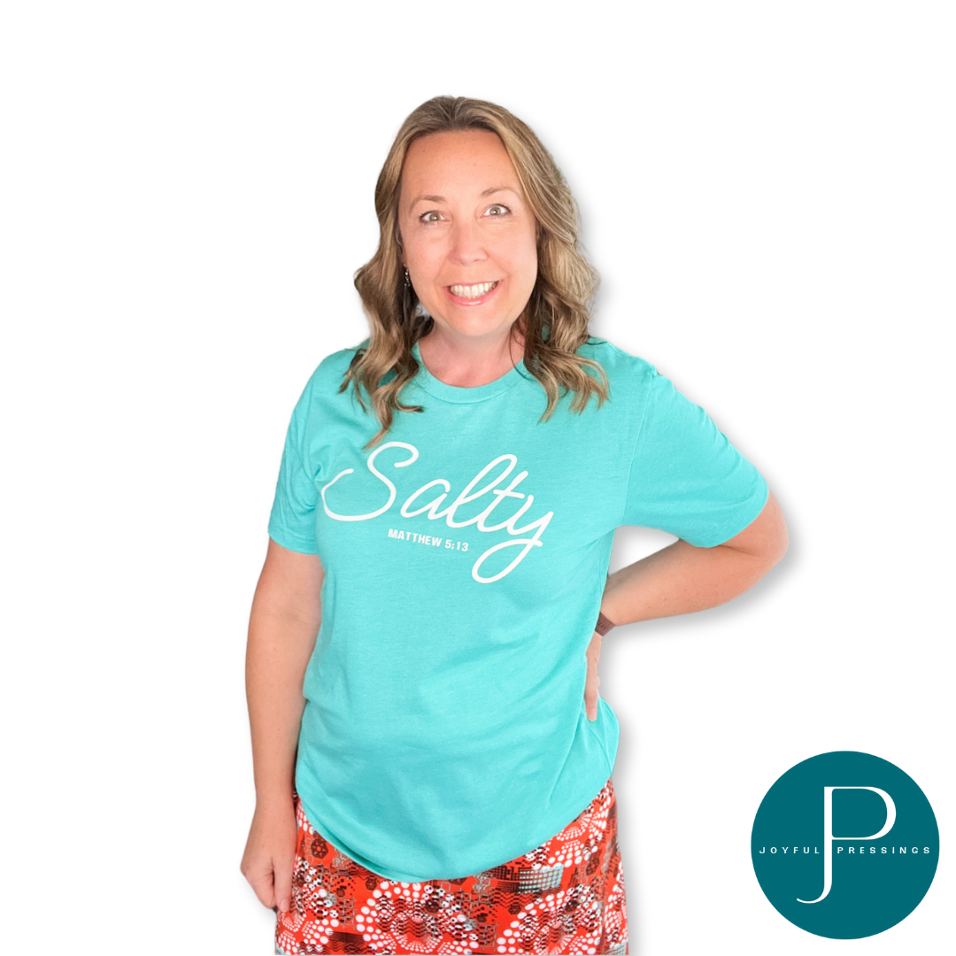 model wearing salty sea green tee