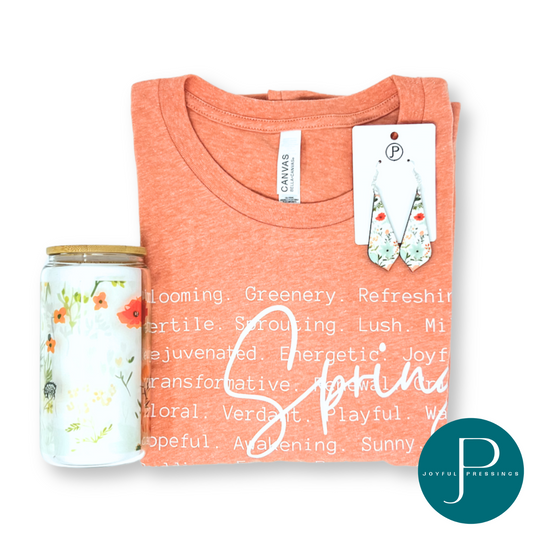 Spring Bundle image including t-shirt, earrings and glass tumbler.