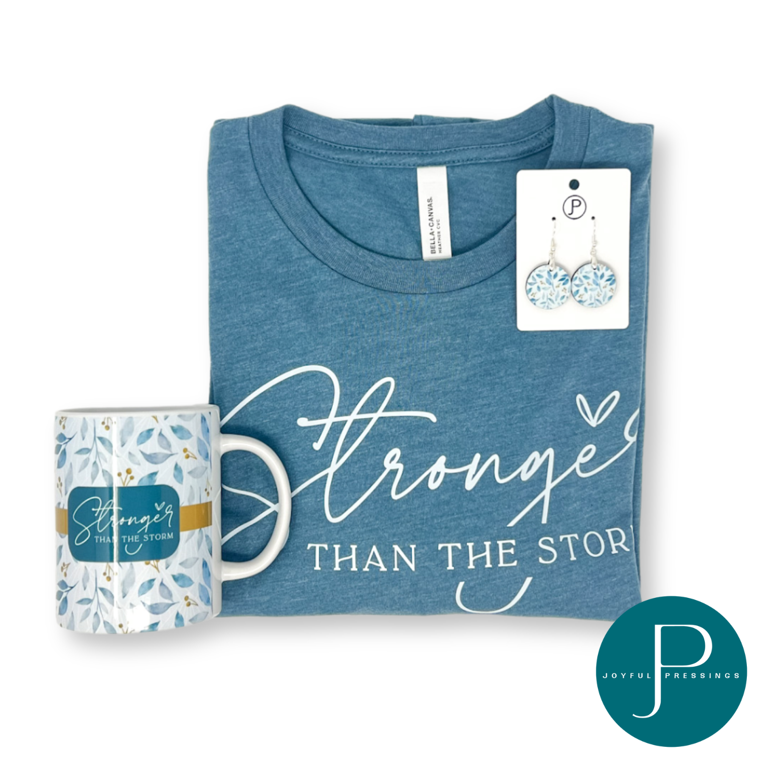 picture of stronger than the storm bundle that includes a long sleeve tee, matching mug and earrings