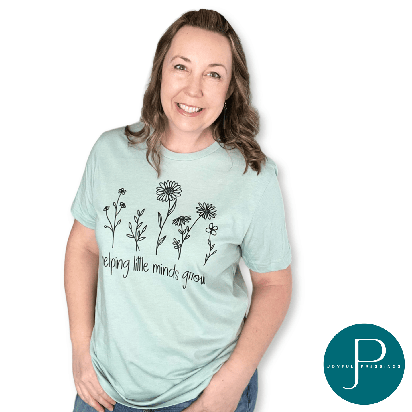 model wearing helping little minds grow heather dusty blue tshirt