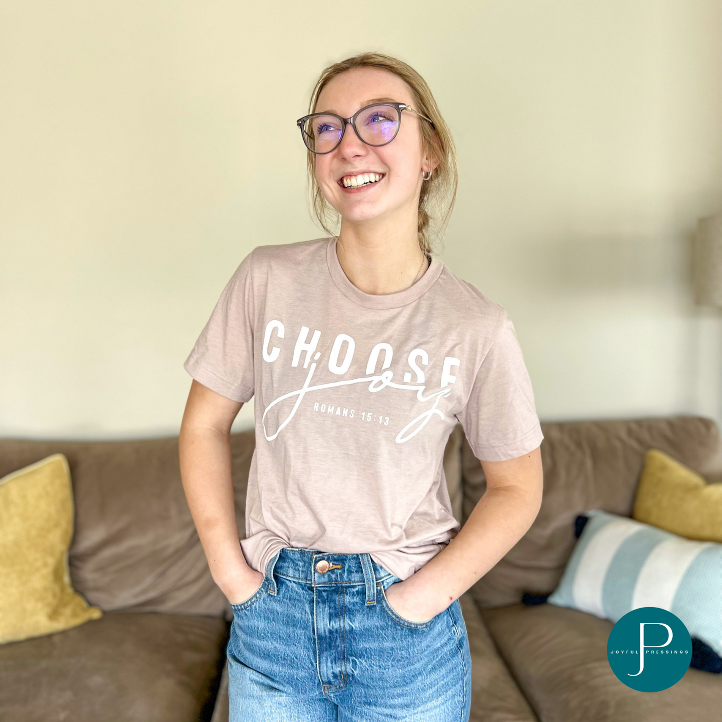 choose joy written on a pink gravel tshirt mockup